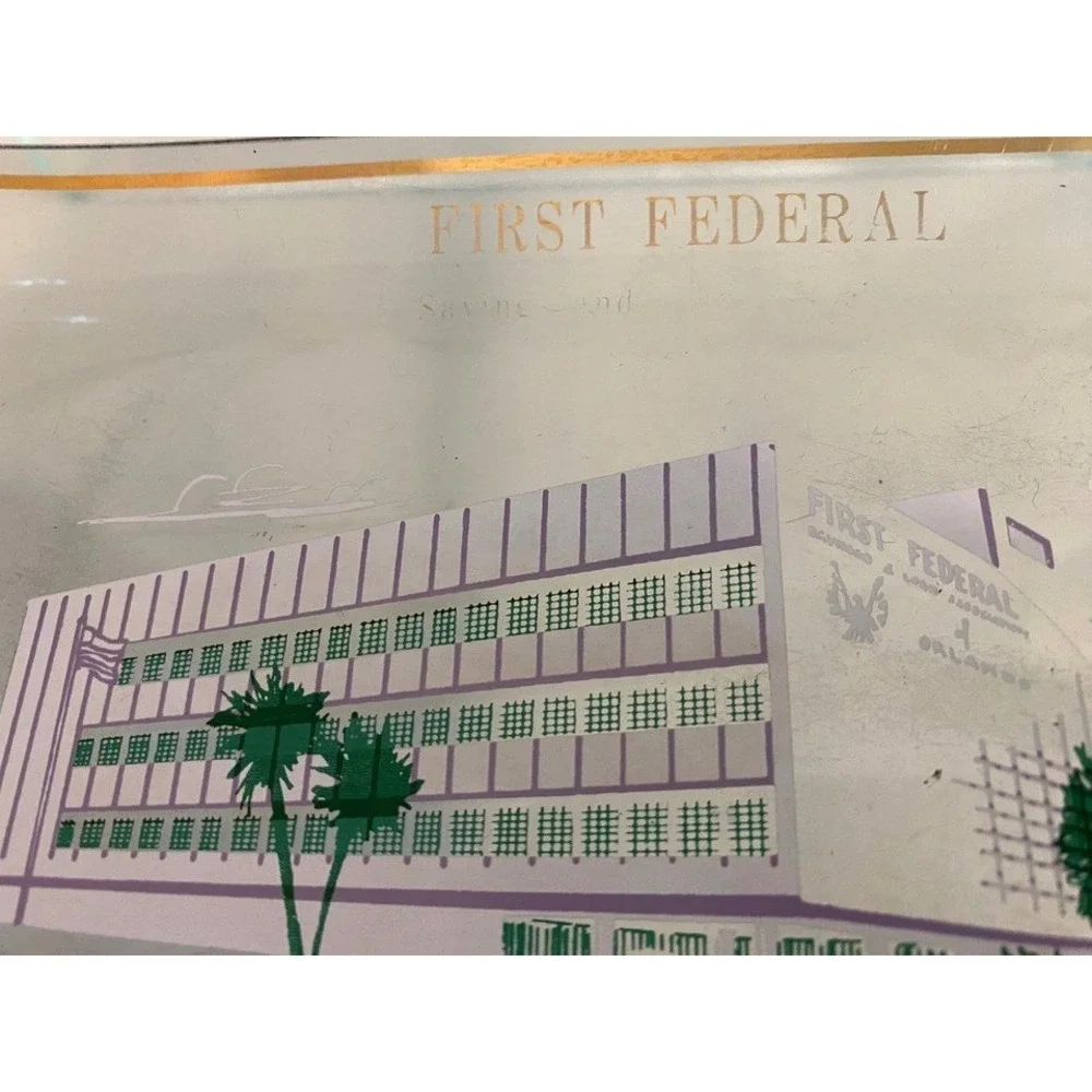 Vintage First Federal Savings Orlando Glass Trinket Tray Mid Century Bank Decor